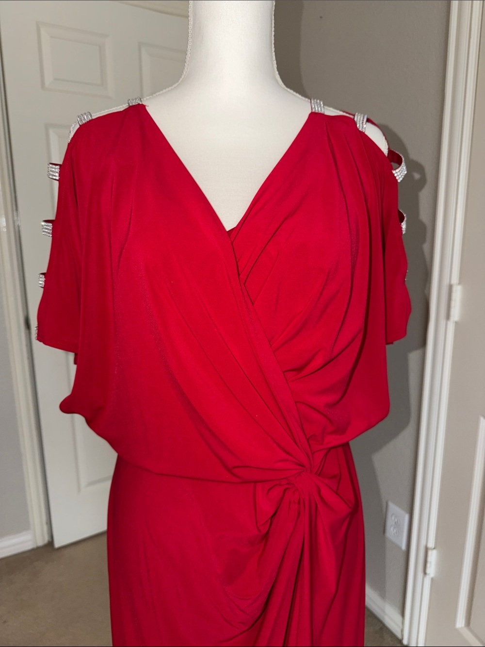 Alex Evenings Red Cold-Shoulder Draped Maxi Dress